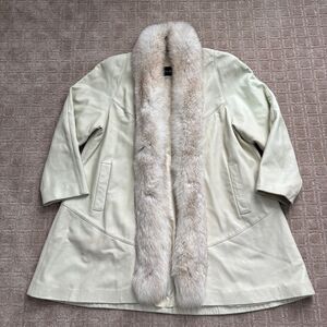 Vintage Leather Obsession Fur Trim Coat Women Medium Cream Knee Length 80's 90's